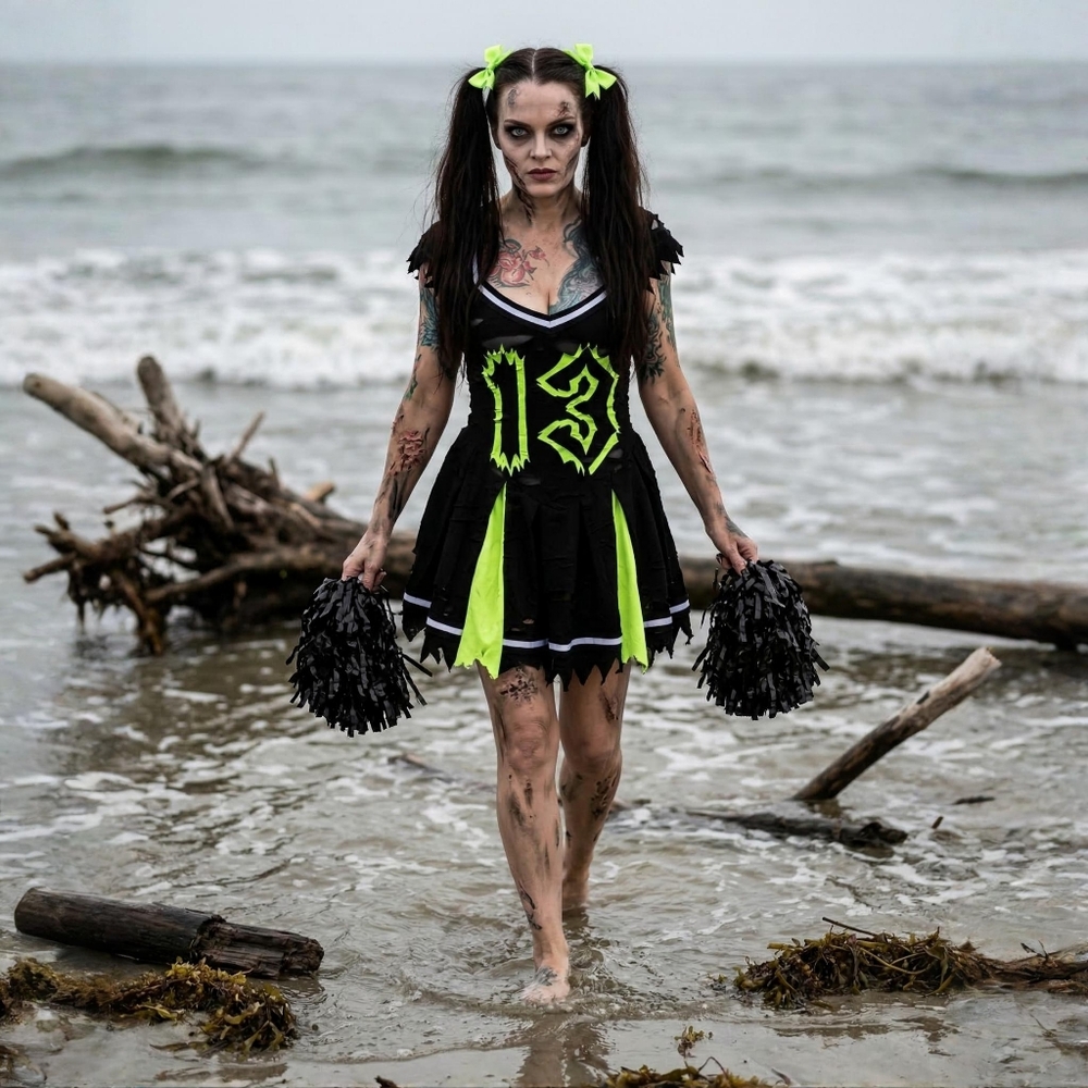 Trickz N Treatz ✦ Z‑O‑M‑B‑I‑E Cheerleader Costume ✦ Distressed Pleated Raw‑Hem